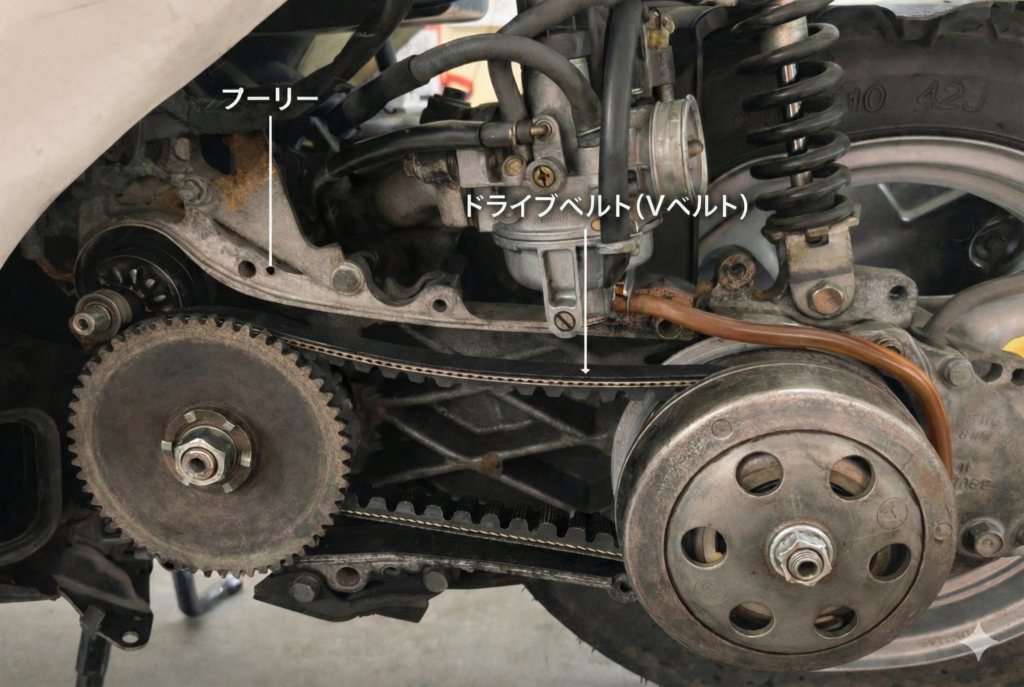 スクーターのVベルトとプーリーの透視図解