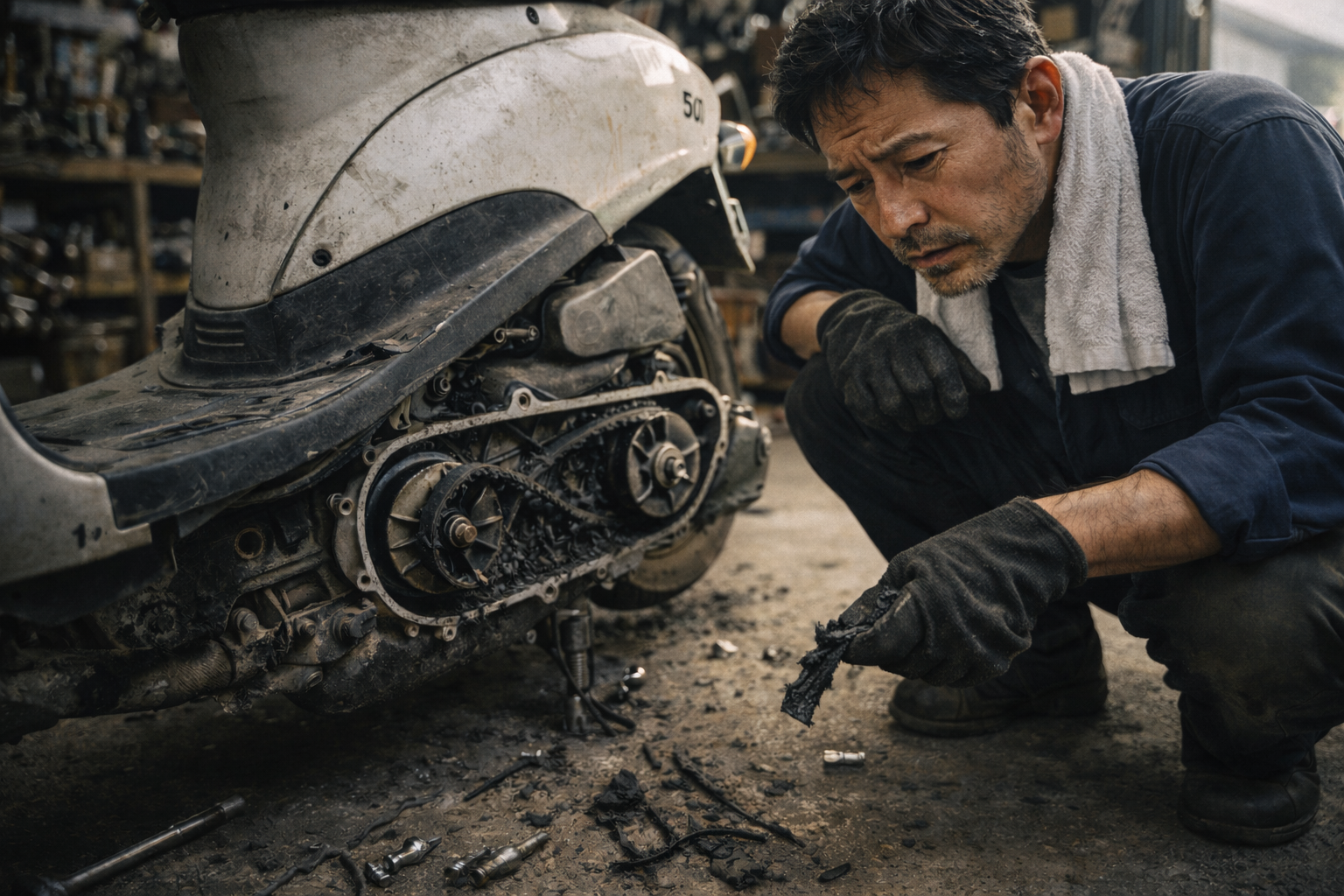 スクーターの駆動系カバーを開けて、切れて粉々になったVベルトの破片を確認している整備士の様子